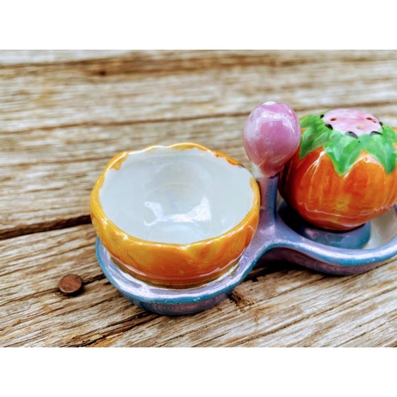 Vintage Salt Cellar  with pepper shaker Tray Pumpkin Lusterware - Picture 8 of 10